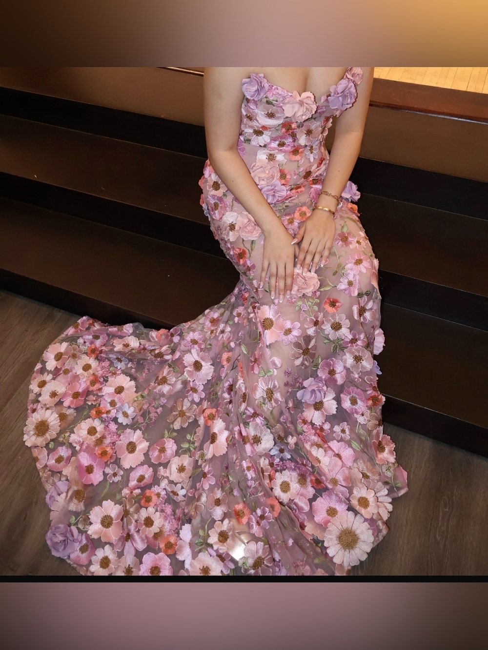 Bronx and Banco Pink Floral Strapless Mesh Gown - Picture 8 of 9